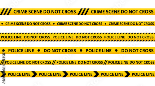 Police line do not cross tape set. Yellow and black caution stripes collection. Danger area or crime scene zone stripes background. Repeating vector sign