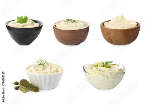 Set of bowls with tartar sauce on white background