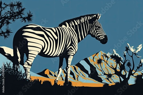 a chewing zebra. Picturesque zebras of the Cape Mountains  silhouetted against the blue sky. Natural setting for a zebra  Equus ferus . Askania Nova National Reserve is home to zebras and other endang