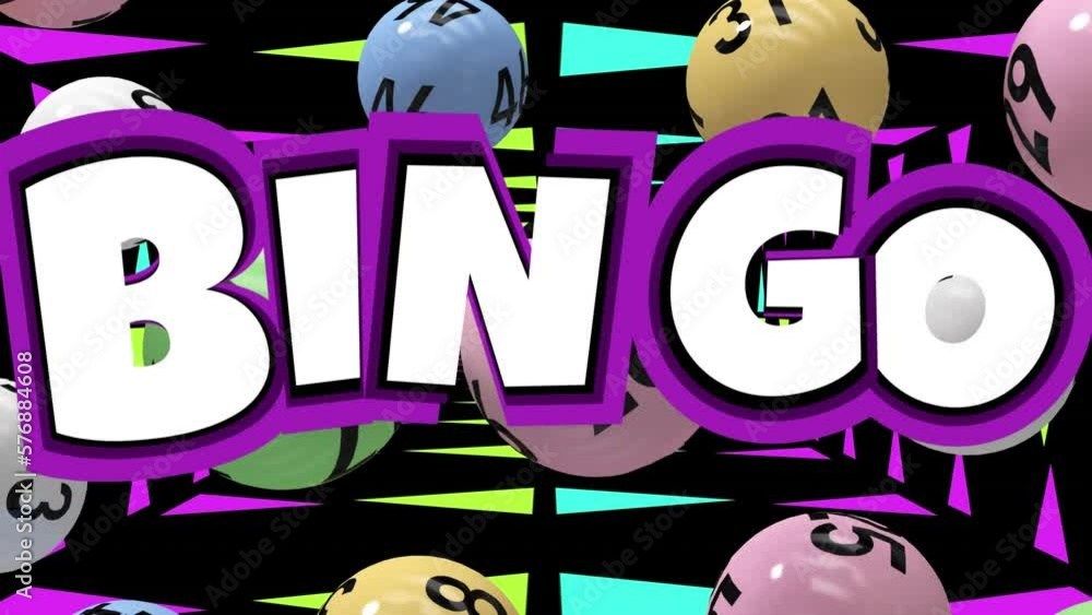 Animation of bingo text over lottery balls and colorful shapes on black background Animation of bingo text over lottery balls and colorful shapes on black background