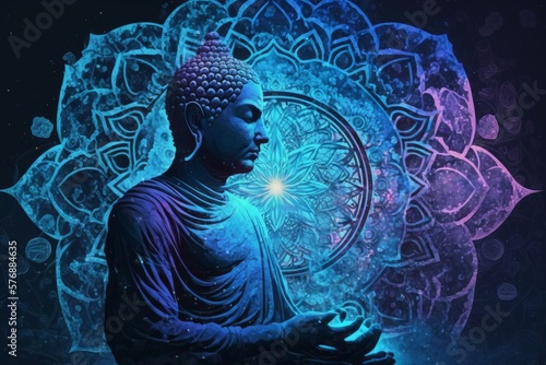 3d Buddha in blue neon mandala style - Isolated Backdrop - Generative AI Illustration 