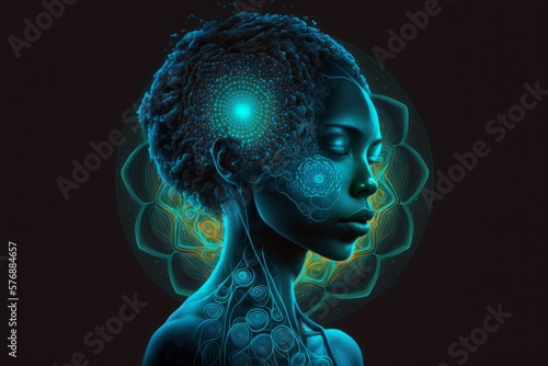 Beautiful Afro American Woman reaching her full potential through Meditation - Generative AI Illustration 