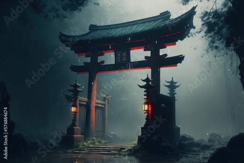 Ancient Fantasy Torii Gate in the Rain, Concept Art, Digital Illustration, Generative AI