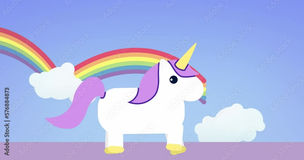 Animation of unicorn over rainbow on blue background Animation of unicorn over rainbow on blue background