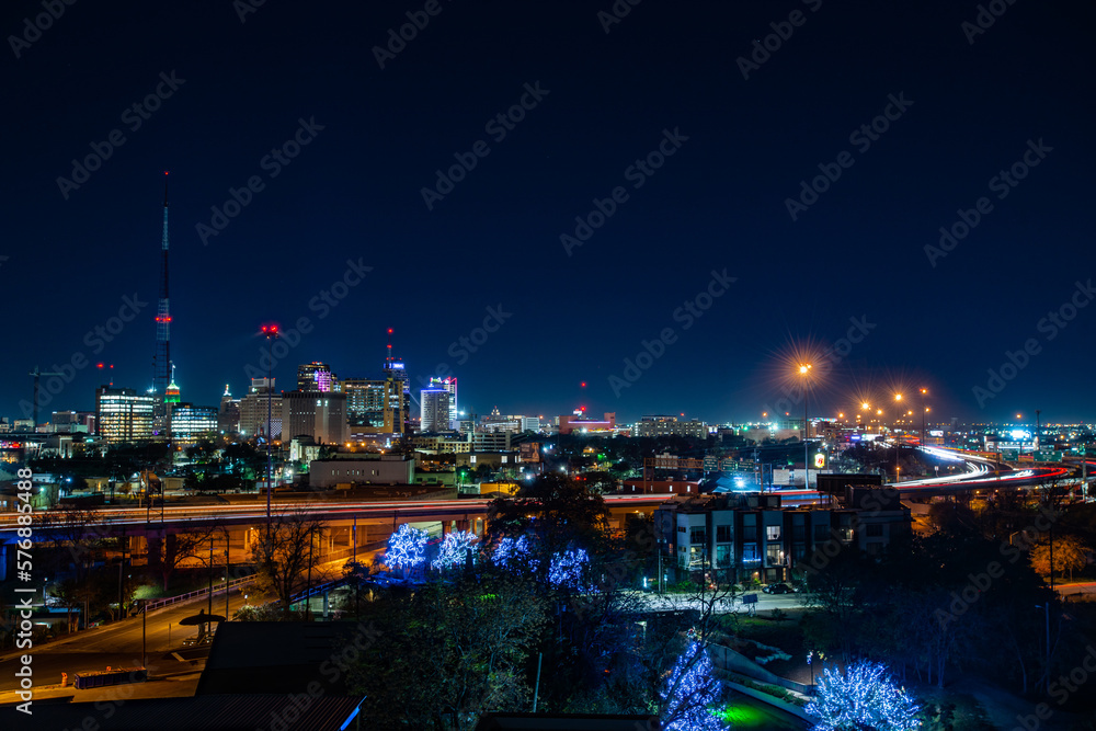Skyline of San Antonio, Texas USA at night, as seen from the Cellars apartments at The Pearl.