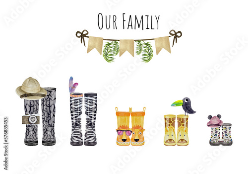 Family print concept on the safari theme with watercolor wellies boots for five. Colorful rain boots collection. Rubber boots autumn fall concept.