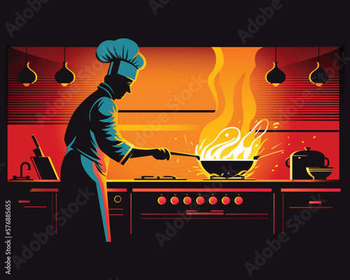 chef cooking, Chef preparing meal in the kitchen, chef at work, vector illustration
