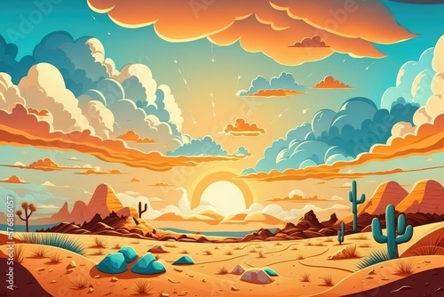 Picturesque sunset over a sand desert with clouds in the sky. Generative AI