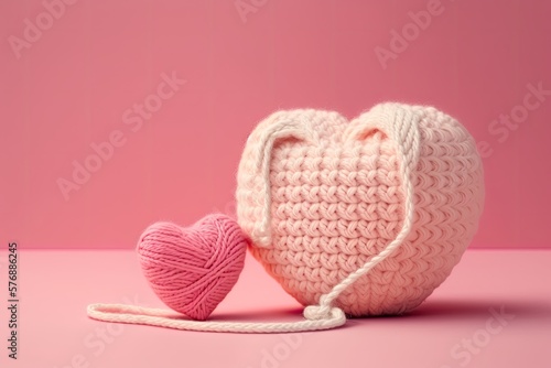 A pink amigurumi heart crocheted from a contrasting yarn and set against a pink background. A copyspace equipped Valentine's Day banner. Generative AI