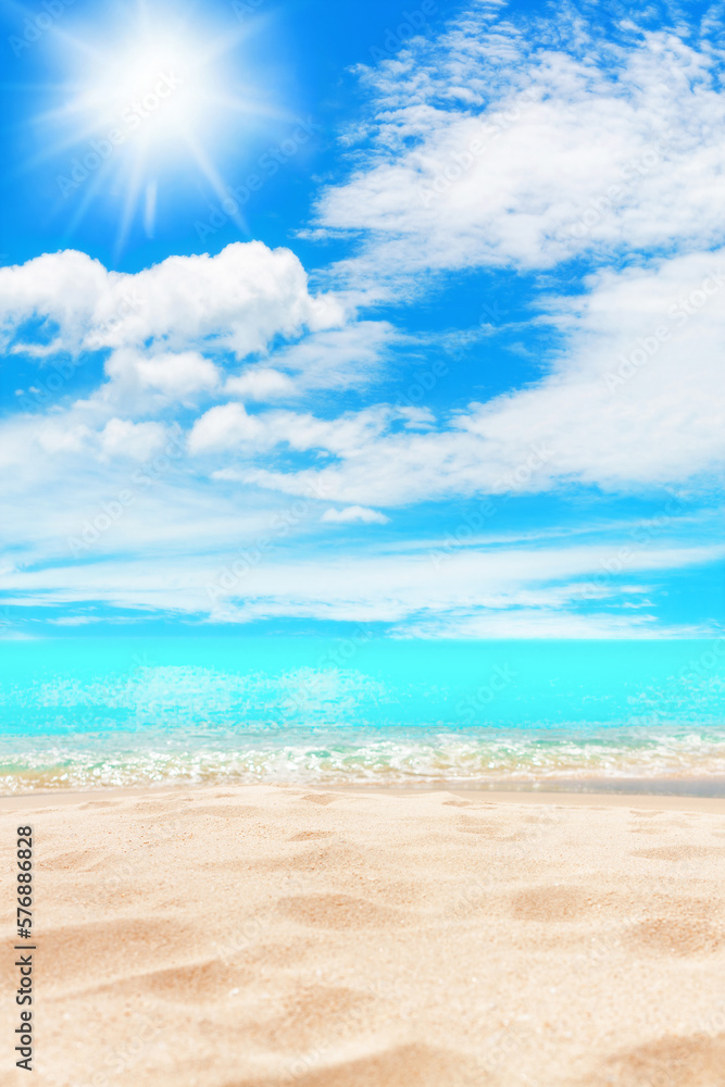 Fototapeta premium Tropical island paradise beach nature, yellow sand, blue sea water turquoise ocean, sun sky white cloud, beautiful landscape, summer holidays concept vacation template, travel banner, empty copy space