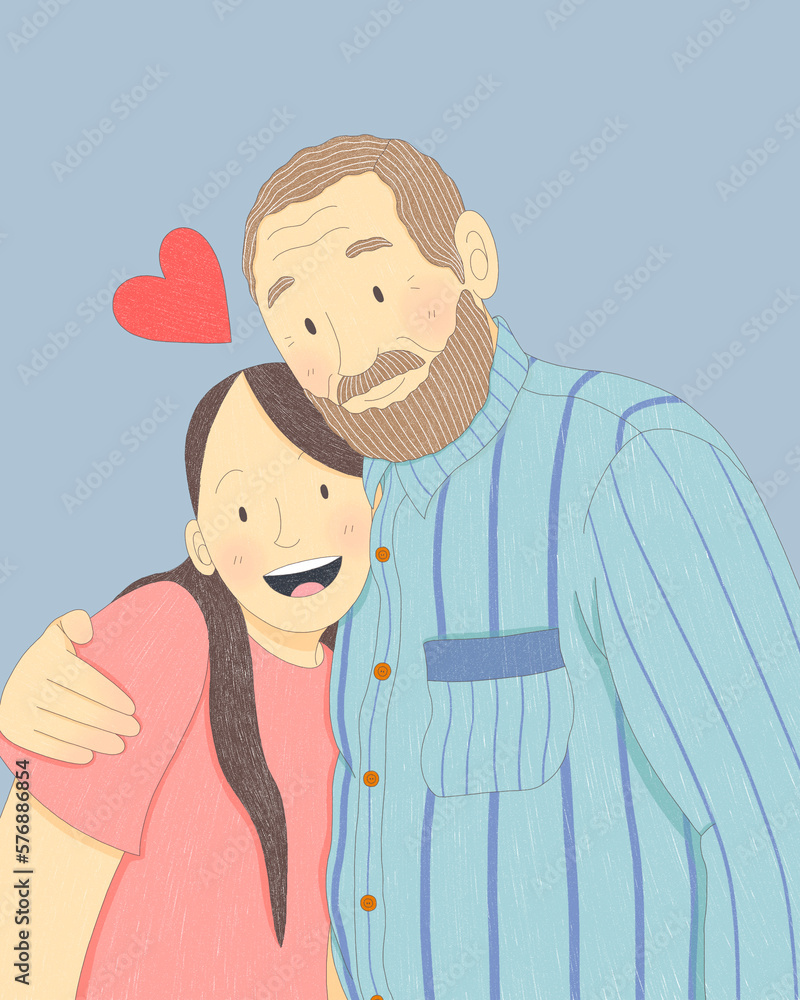 Ilustración de padre e hija con fondo celeste Ilustración de padre e hija con fondo celeste