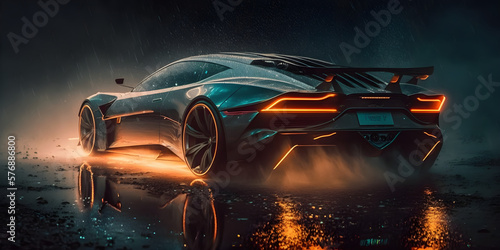 sleek futuristic luxury car, shiny reflective metal surfaces covered in raindrops, dystopian cyberpunk city background, soft diffused glowing neon lighting, mist, fog, crepuscular rays, Generative AI © Ameer