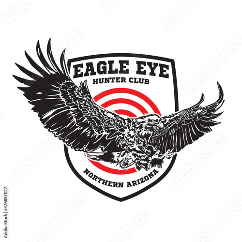 Eagle flying vector illustration in vintage hand drawn style, perfect for tshirt design and hunting club logo