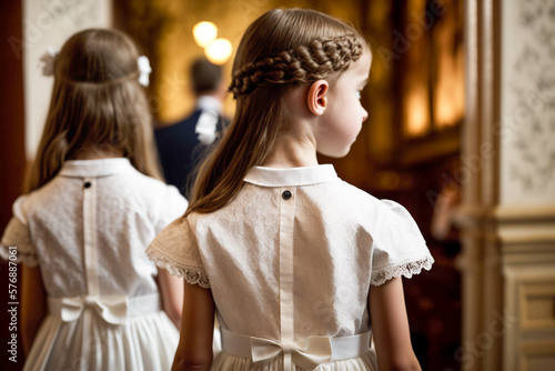 rear view little girls on white dress and and wreath on first holy communion background church, generative ai
