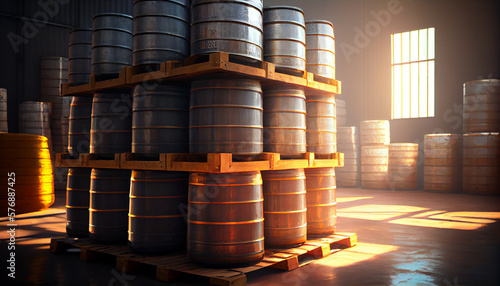 Industry oil barrels or chemical drums stacked up.