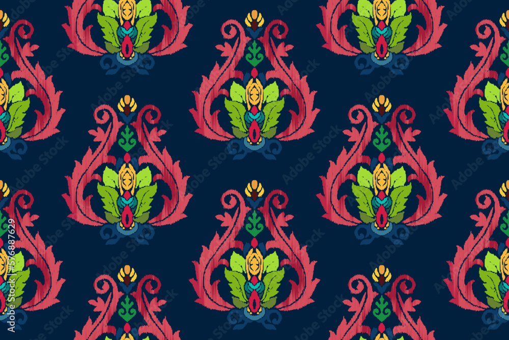 Obraz premium Ikat ethnic India seamless pattern design. Aztec fabric carpet boho mandalas textile decor wallpaper. Tribal native motif ornaments African American Indian folk traditional embroidery vector backgroun