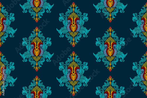 Ikat ethnic seamless pattern decoration design. Aztec fabric boho mandalas textile wallpaper. Tribal native motif African American Indian traditional embroidery vector background 