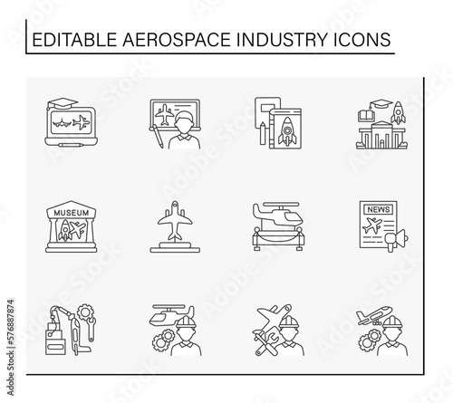  Aerospace industry line icons set. Helicopter, rocket and plane designing. Aircraft concepts. Isolated vector illustrations. Editable stroke