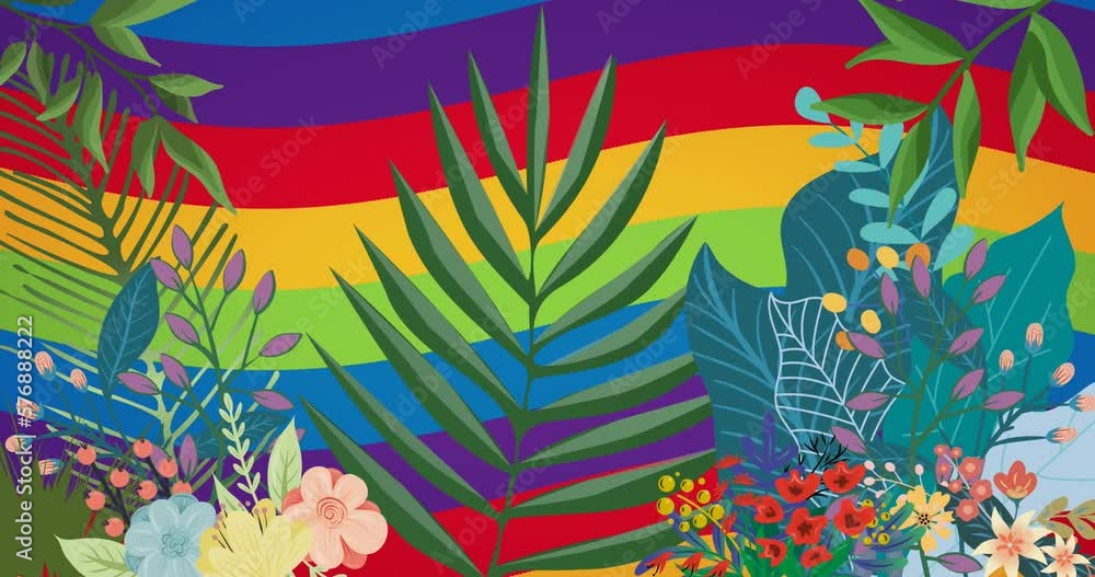 Animation of leaves, pants and flowers over rainbow background Animation of leaves, pants and flowers over rainbow background