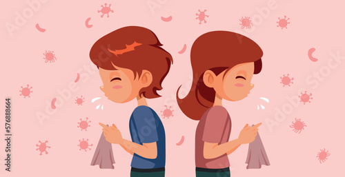 Little Kids Suffering from Influenza Virus Vector Medical Illustration. Airborne viral disease transmitting from one sick person to other
