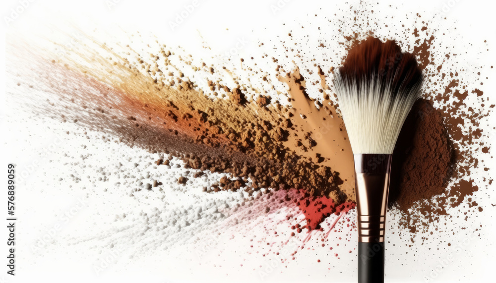 Make-up brush with colorful powder dust explosion. Generative ai