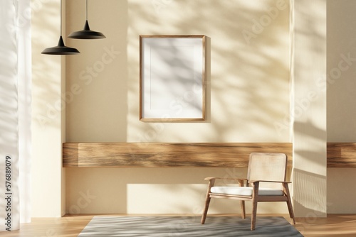 Fototapeta Naklejka Na Ścianę i Meble -  Vertical wood frame mockup in living room interior with window light shadow. 3d rendering, 3d illustration