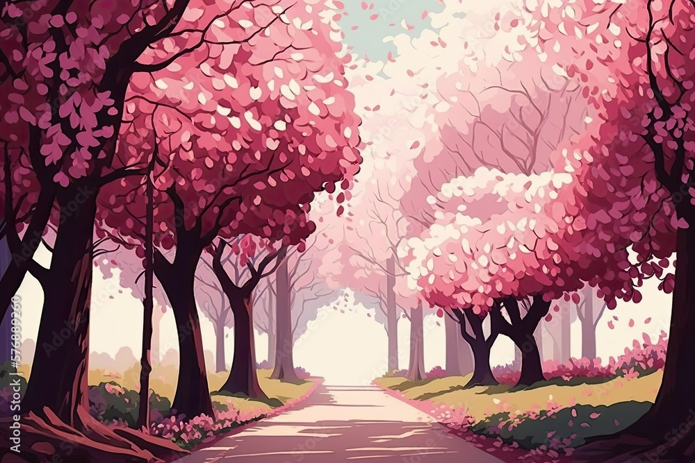 Fototapeta premium The picturesque avenue of pink flowering trees. Generative AI