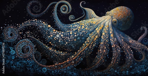 Pointillism Octopus, at the bottom of the  ocean