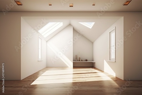 Simple minimalist interior architectural background with copy space  empty room with white walls  brown hardwood parquet floor  and soft skylight from window. Generative AI