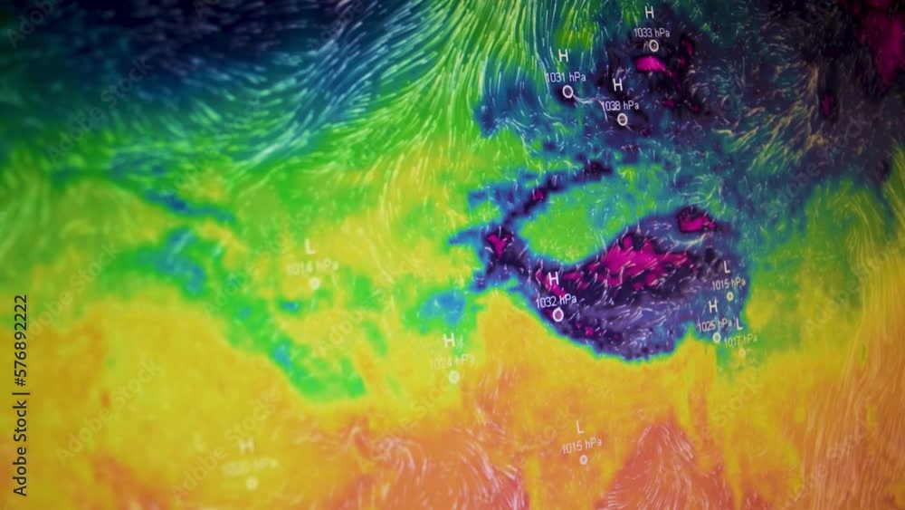 Fierce winds and heat map over Atlantic ocean. Camera shot of a computer screen.