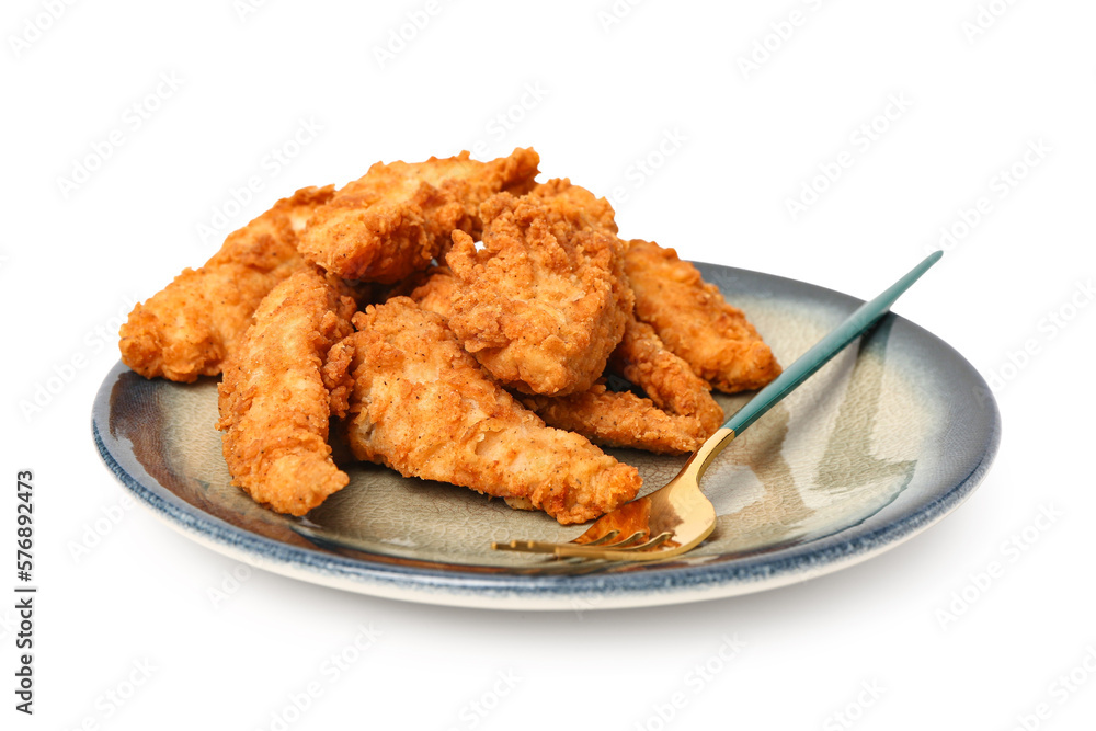 Plate with tasty nuggets and fork on white background Plate with tasty nuggets and fork on white background