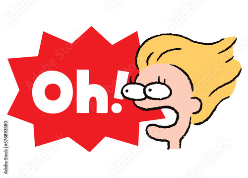 人物_顔_驚く_女性_吹き出し_バクダン赤_セリフ白_Oh!