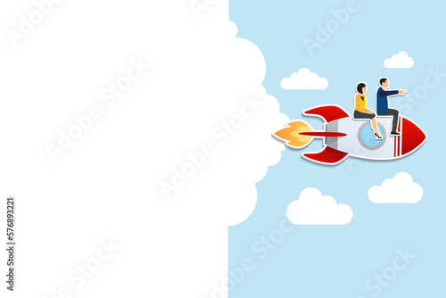 Team direction, leadership to guide team to success, boost team productivity or innovation to succeed, partnership or success startup concept, business people riding rocket, leader pointing direction.
