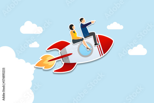 Team direction, leadership to guide team to success, boost team productivity or innovation to succeed, partnership or success startup concept, business people riding rocket, leader pointing direction.