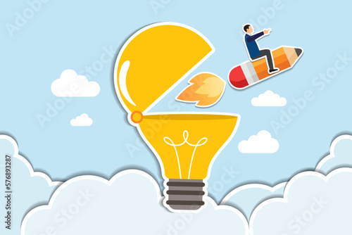 Creativity to create new idea, imagination or invention, inspiration, education or genius idea, writing content or boost creative thinking concept, man riding pencil rocket from opening lightbulb. pap