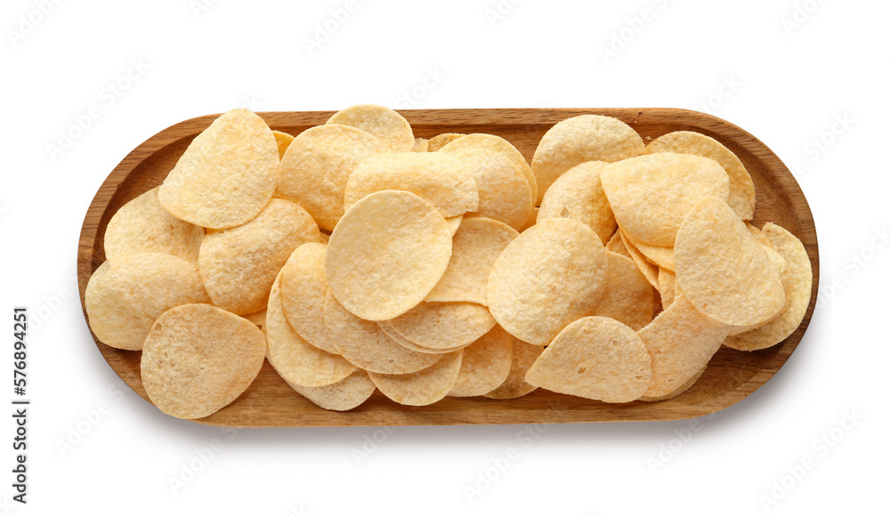 Board with delicious potato chips isolated on white background Board with delicious potato chips isolated on white background