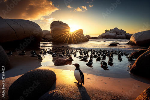 Penguins on the beach Tropical island travel summer holiday vacation idea concept, image ai generate