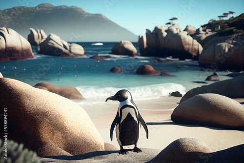 Penguins on the beach Tropical island travel summer holiday vacation idea concept, image ai generate