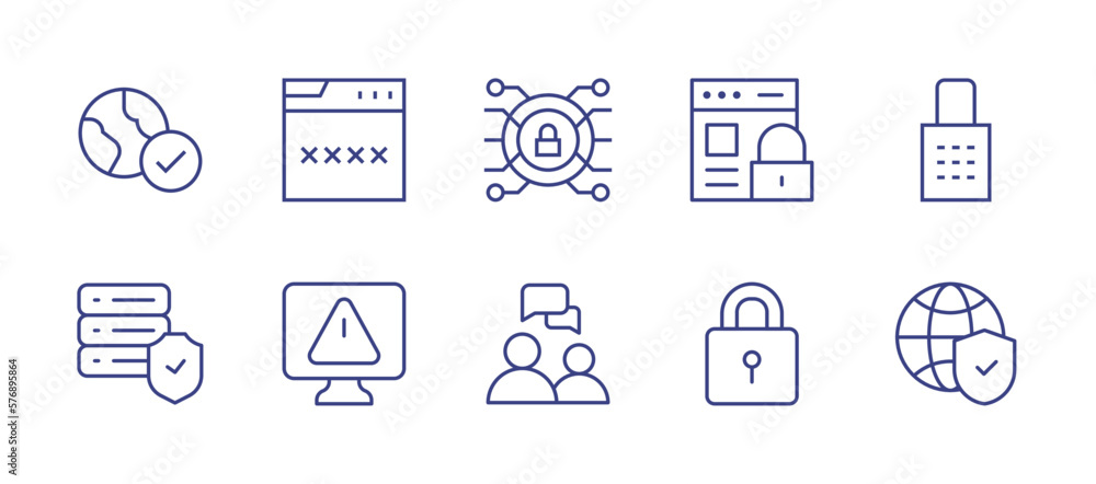 Security line icon set. Editable stroke. Vector illustration. Containing world, password, security system, online security, padlock, server, alert, security.