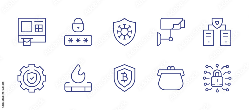 Security line icon set. Editable stroke. Vector illustration. Containing security, password, antivirus, security camera, server, secure, firewall, secure payment, money, padlock.