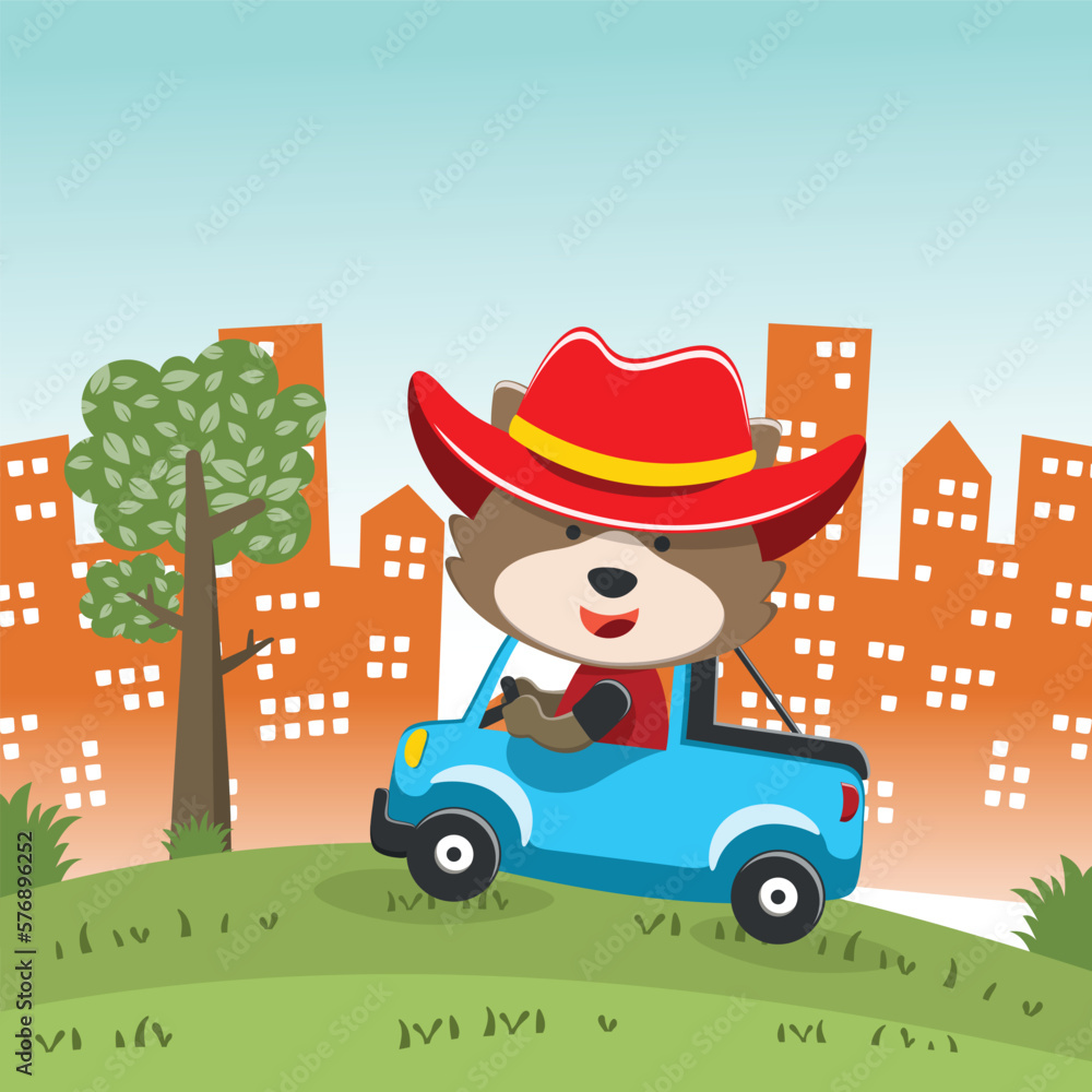 cute bear driving a car go to forest funny animal cartoon. Creative vector childish background for fabric, textile, nursery wallpaper, poster, card, brochure. and other decoration. cute bear driving a car go to forest funny animal cartoon. Creative vector childish background for fabric, textile, nursery wallpaper, poster, card, brochure. and other decoration.