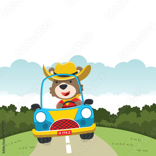 cute bear driving a car go to forest funny animal cartoon. Creative vector childish background for fabric  textile  nursery wallpaper  poster  card  brochure. and other decoration.