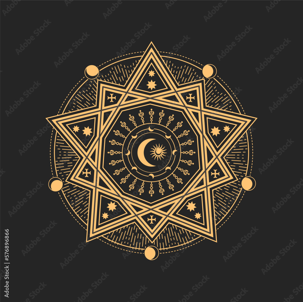 Esoteric occult vector sign with moon crescent, Sun and powerful crosses in big star with ten points and circle. Astrological amulet, pentagram, tarot symbol, spiritual magic talisman or mason emblem