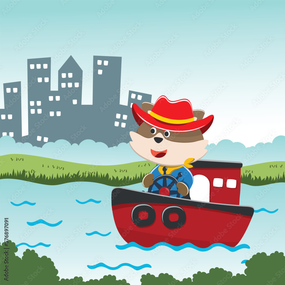 Funny fox cartoon vector on little boat with cartoon style. Creative vector childish background for fabric, textile, nursery wallpaper, poster, card, brochure. and other decoration. Funny fox cartoon vector on little boat with cartoon style. Creative vector childish background for fabric, textile, nursery wallpaper, poster, card, brochure. and other decoration.