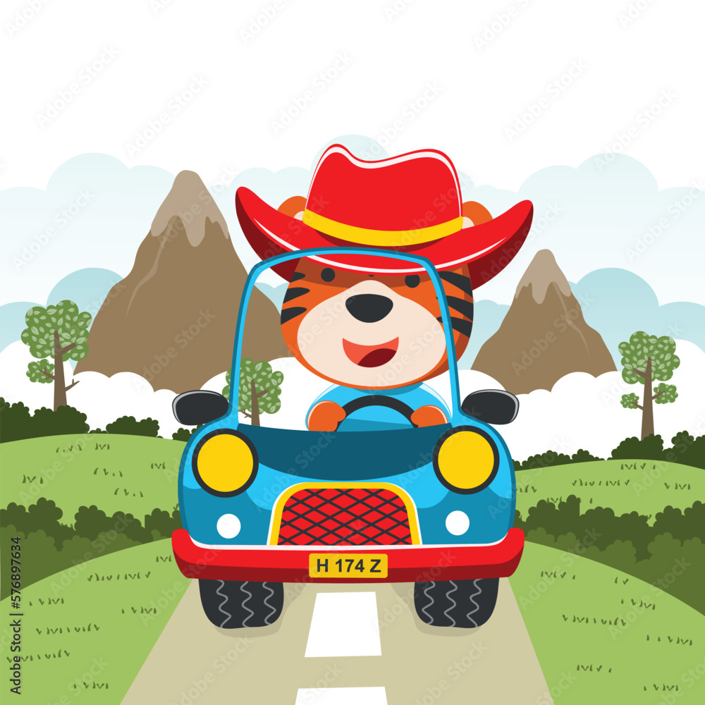 cute bear driving a car go to forest funny animal cartoon. Creative vector childish background for fabric, textile, nursery wallpaper, poster, card, brochure. and other decoration. cute bear driving a car go to forest funny animal cartoon. Creative vector childish background for fabric, textile, nursery wallpaper, poster, card, brochure. and other decoration.