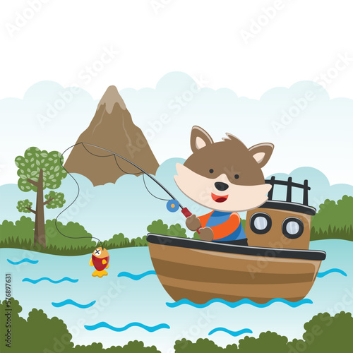 Vector cartoon illustration of cute bear fishing on sailboat with cartoon style. Can be used for t-shirt print  kids wear fashion design  fabric textile  nursery wallpaper and poster.