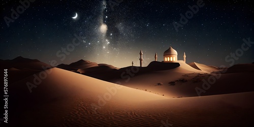 A mosque in the desert with Moon night view, Islamic Background of ramadhan, generative ai