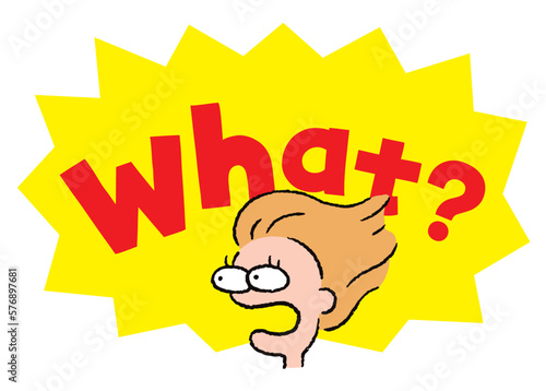 人物_顔_驚く_女性_吹き出し_バクダン黄_セリフ赤_What?