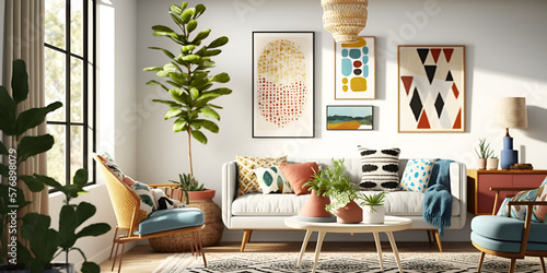 Fototapeta Naklejka Na Ścianę i Meble -  Boho style living room design, Colorful boho living room, Beautiful bohemian living room, Modern bohemian living room, Rustic boho living room, Colorful boho living room, generative ai