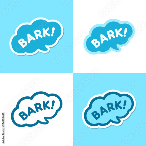 Dog bark animal sound effect text in a speech bubble balloon clipart set. Cute cartoon onomatopoeia comics and lettering.
